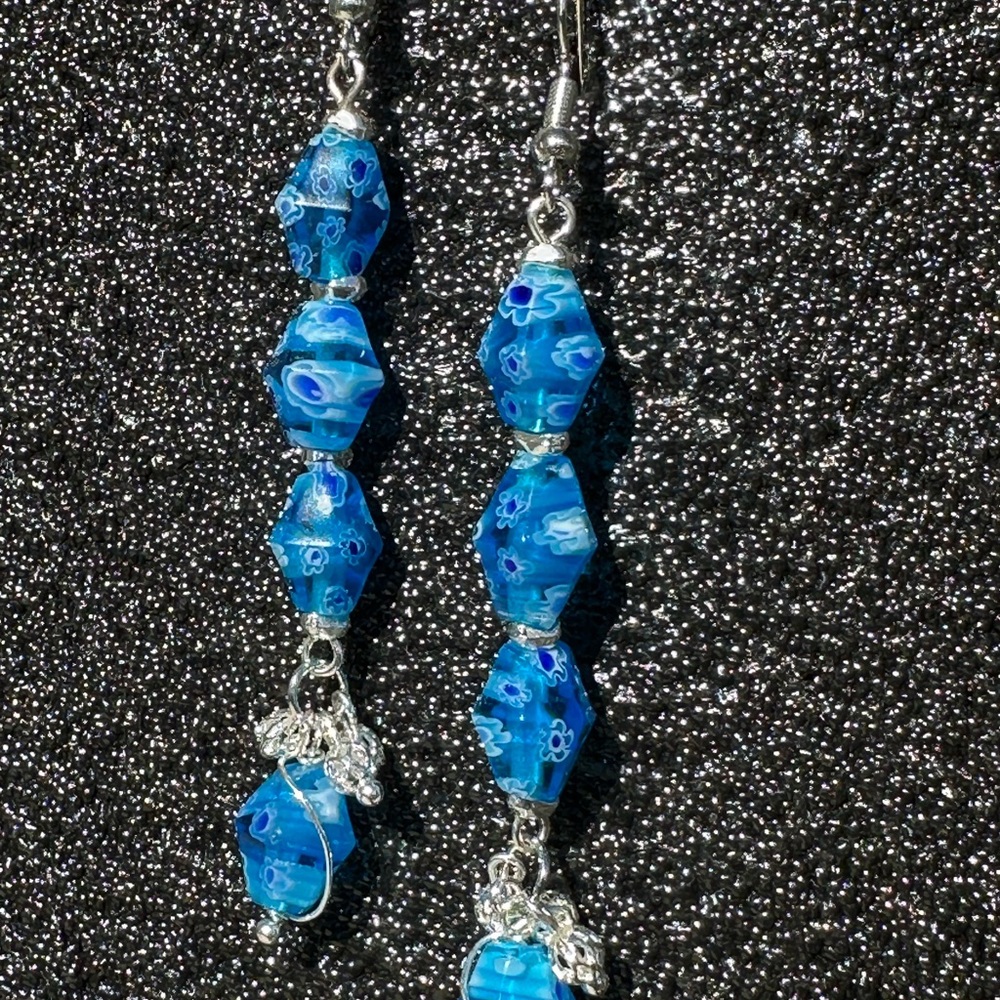 Hand Crafted Azure Sapphire/Blue Silver Wire Wrapped Beaded Earrings